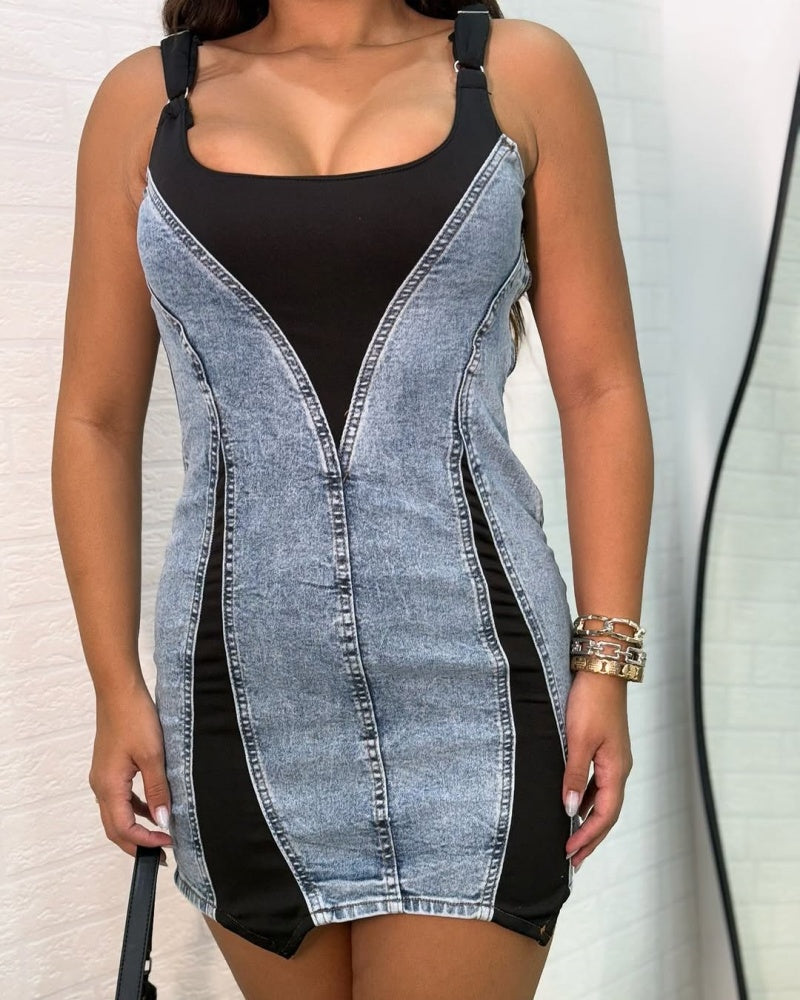 Contrast Color Suspenders Bodycon Mini Denim Dress - By Qivii