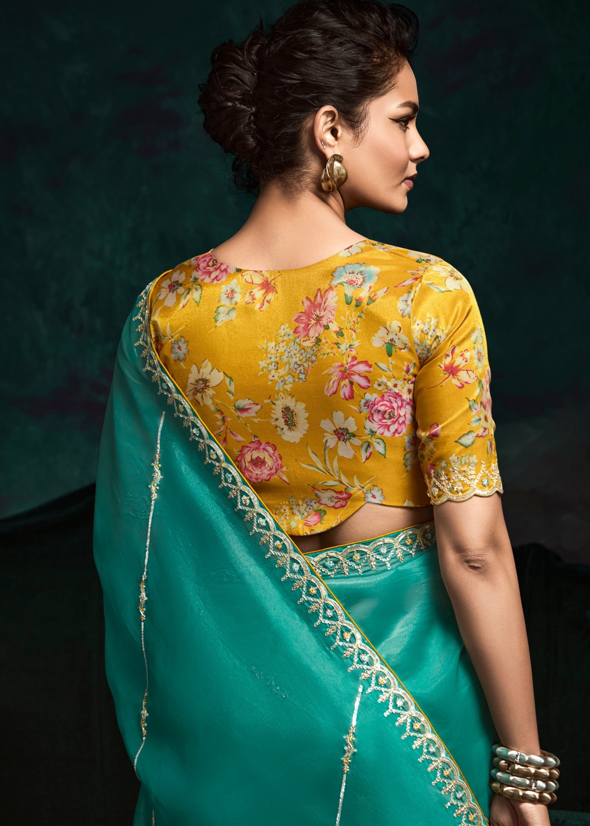 Jade Green Fancy Fabric Silk Saree With Sequins And Thread Embroidered Butti Work - qivii
