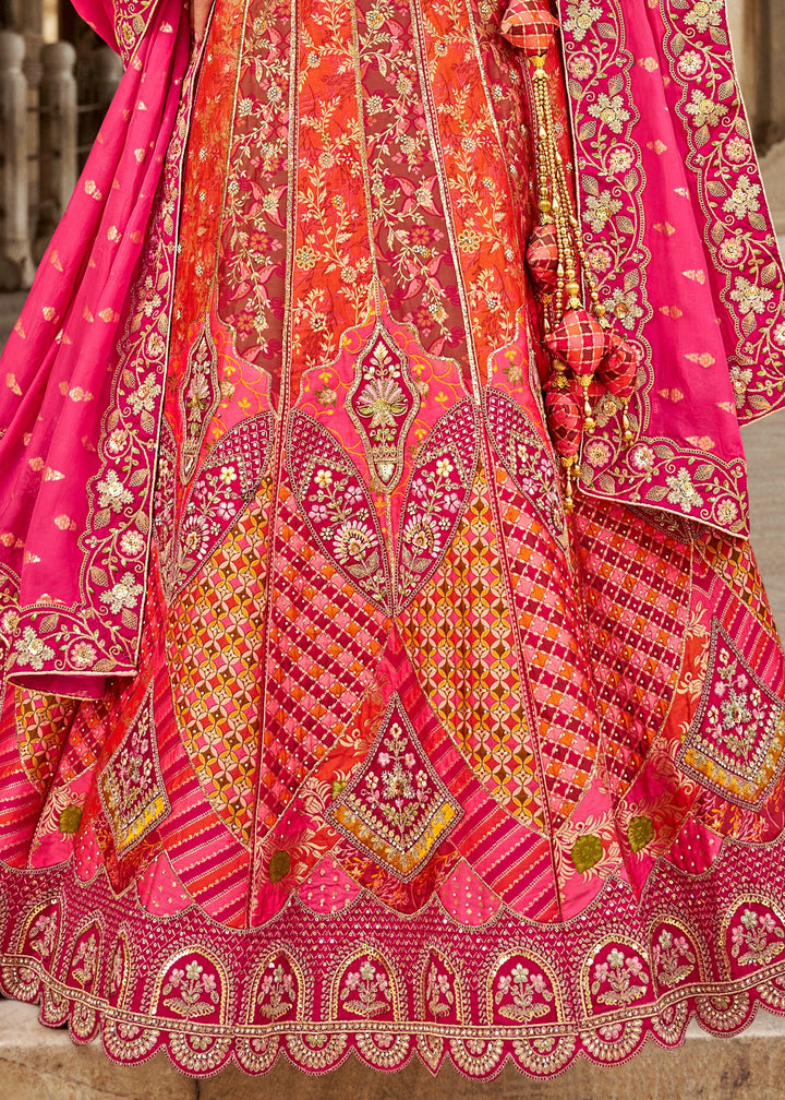 Rani Pink & Orange Banarasi Silk Lehenga Choli with Zarkan, Sequence and Thread Work