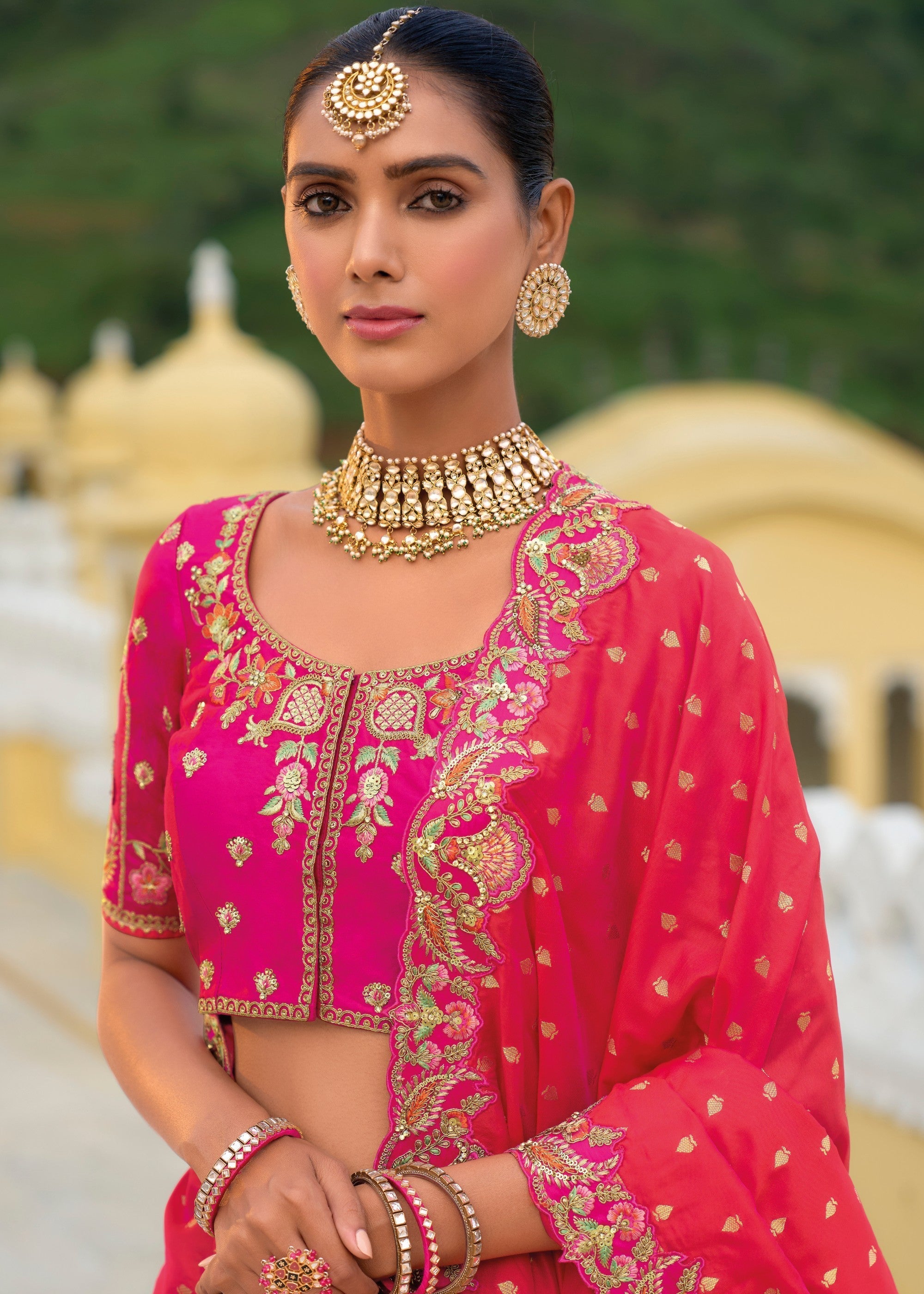 Magenta Pink And Orange Banarasi Silk Lehenga With Heavy Embroidery Work | Ready To Wear - qivii