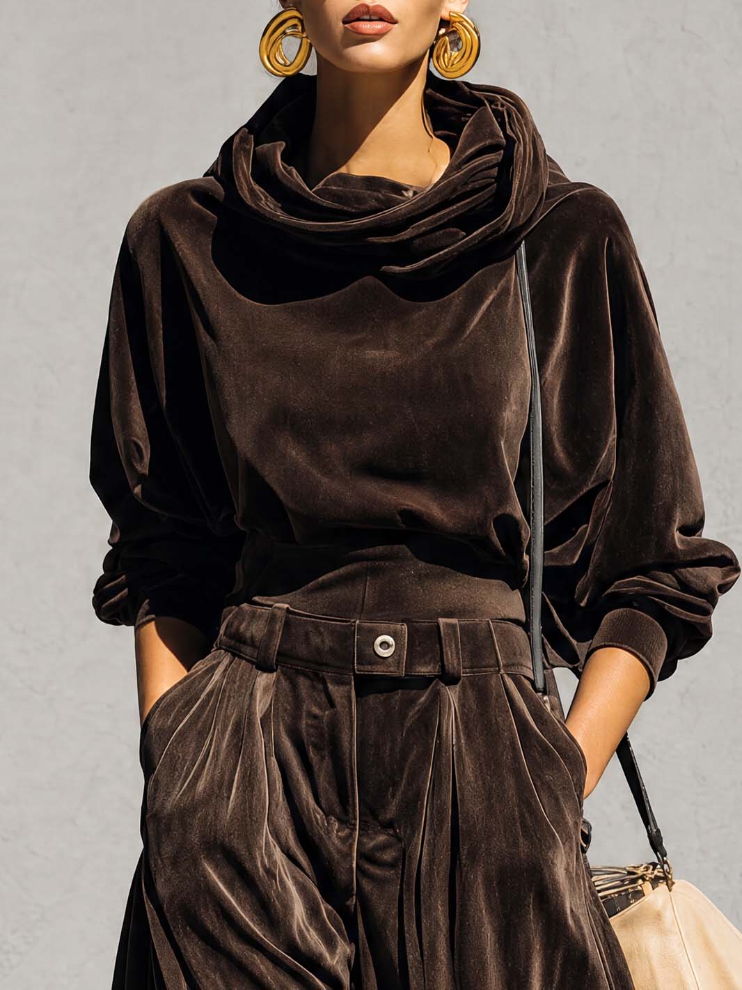Vintage Sophisticated Casual Brown Velvet Hoodie And Loose Pants Set  - By Qivii