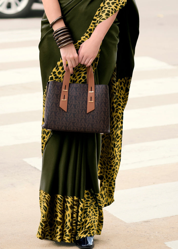 Hunter Green Printed Satin Silk Saree