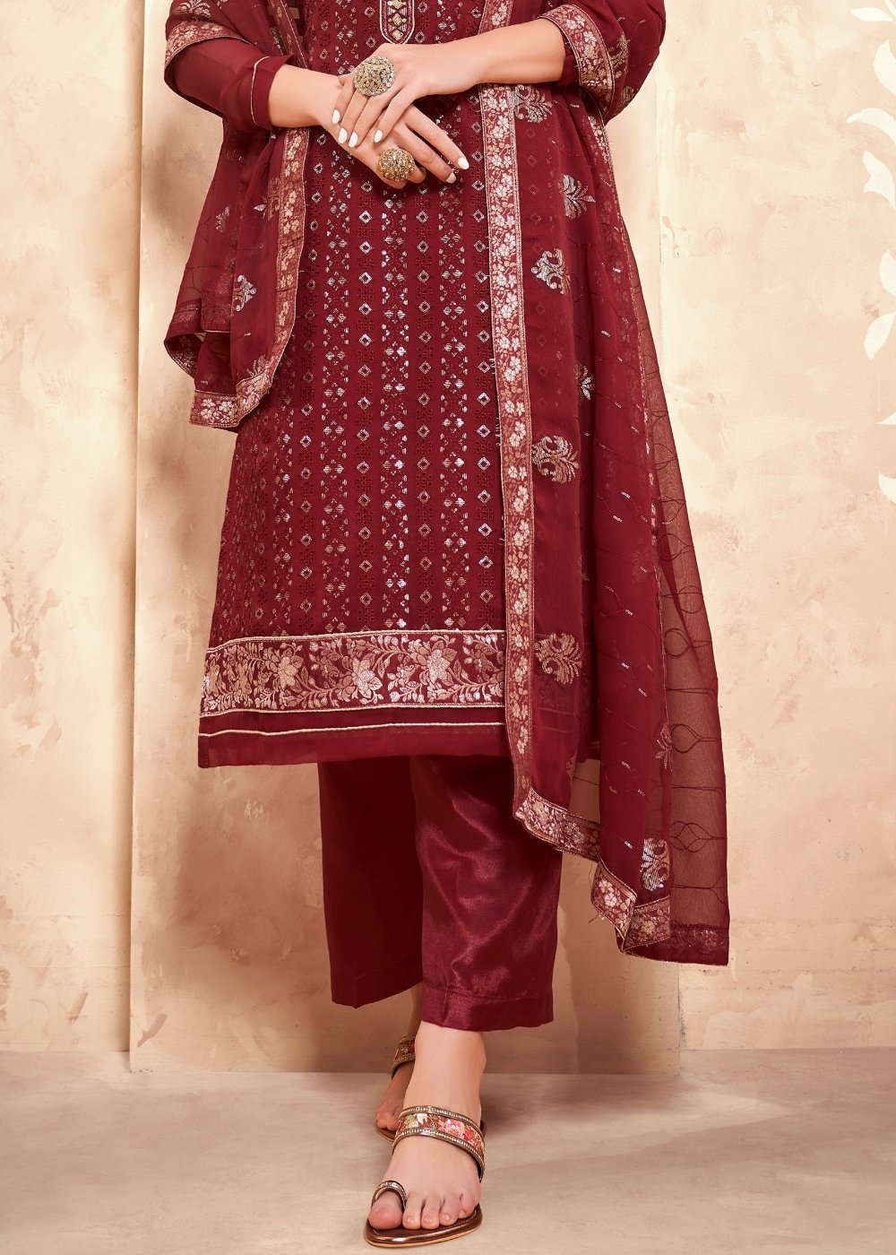 Maroon Red Georgette Salwar Suit with Thread & Sequence Embroidery work By Qivii