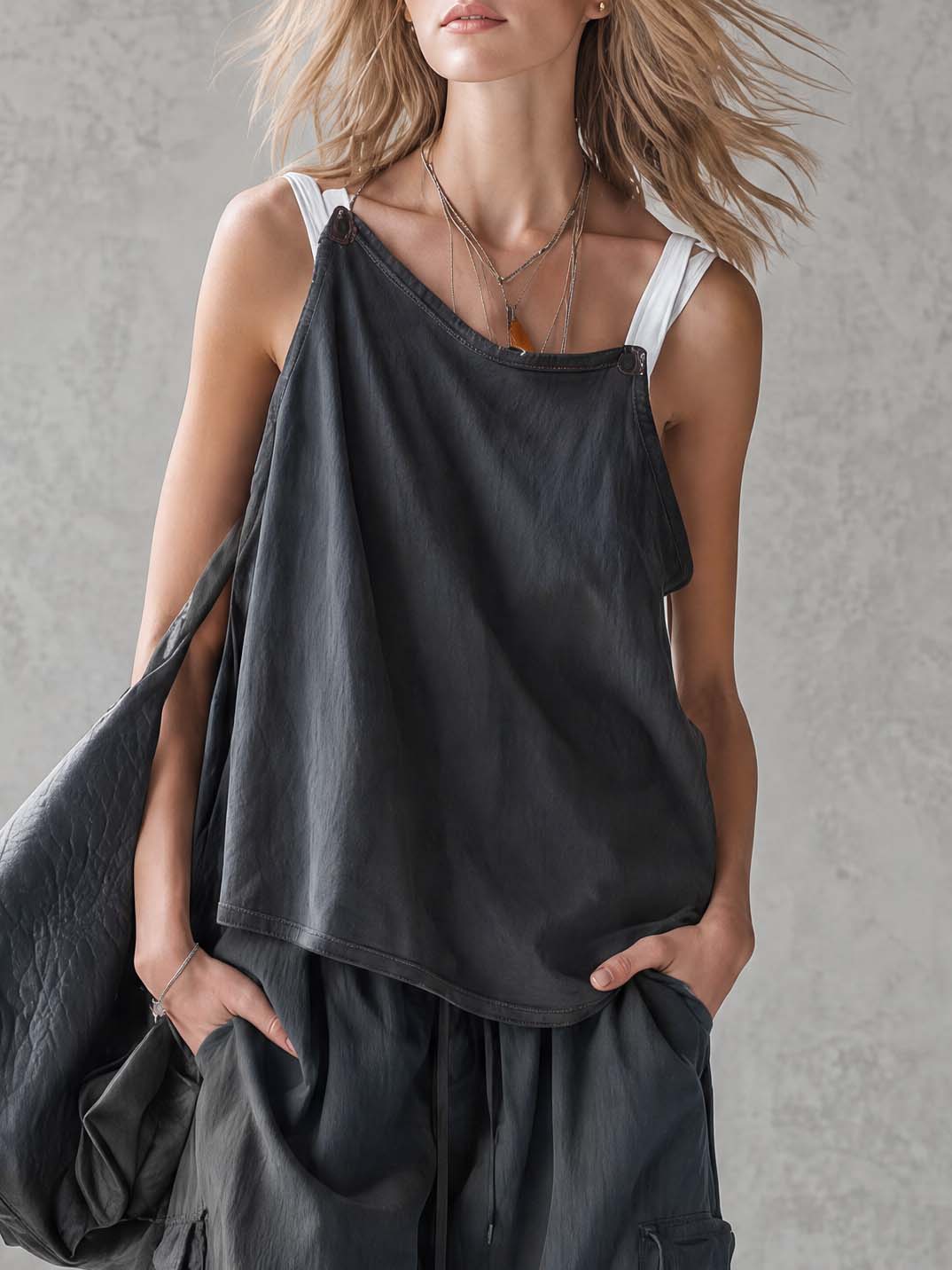 Exquisite Casual Workwear-inspired Dark Blue Cotton Off-the-shoulder Tank Top And Pants Set  - By Qivii