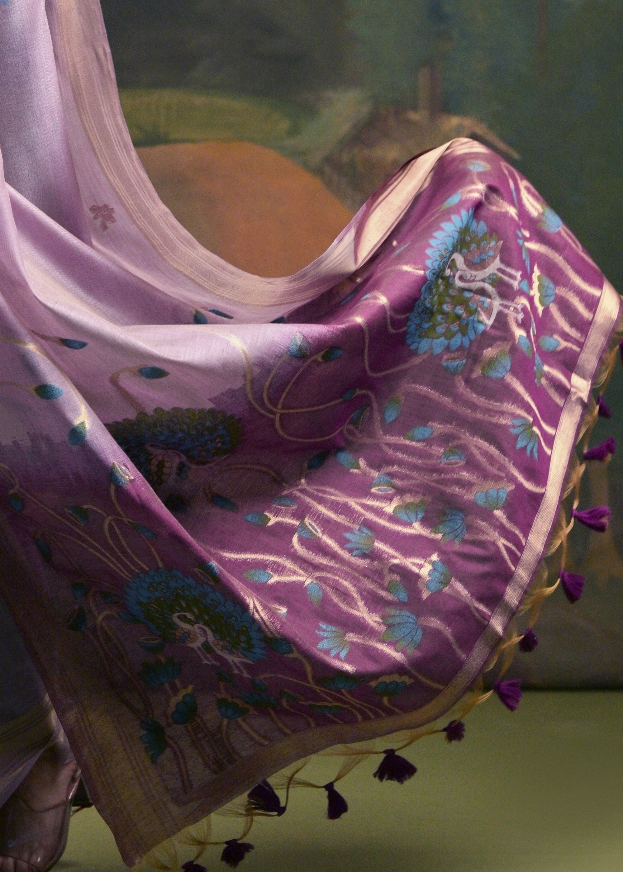 Lavender Purple Thread Woven Cotton Saree With Contrast Blouse And Pallu - qivii