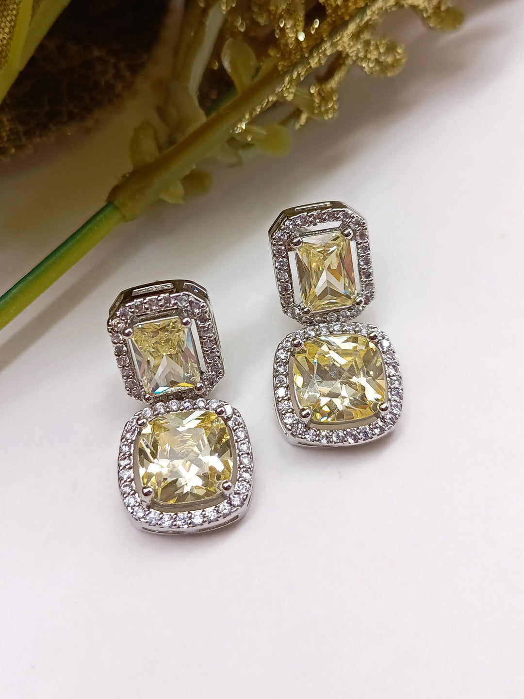 Rituja Yellow Stone Silver Plated Diamond Earrings