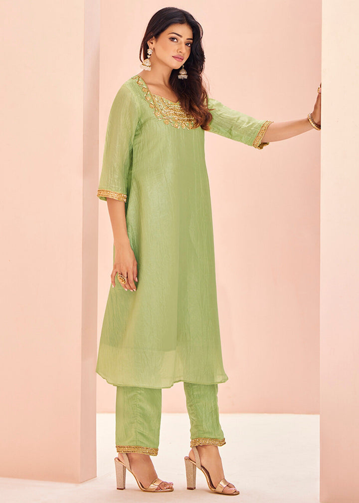 Light-Green Organza Handwork Kurta with Pant