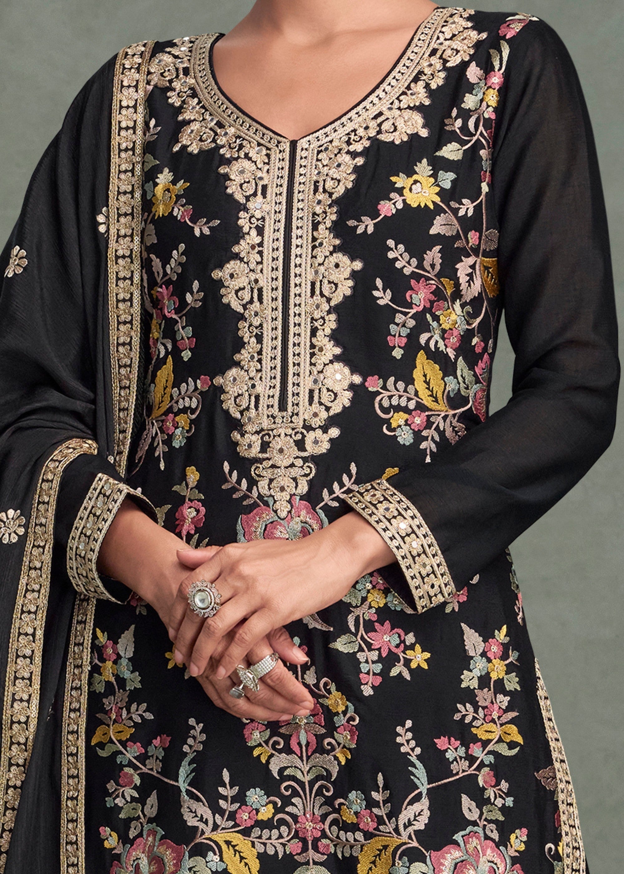 Black Premium Chinnon Silk Salwar Suit - qivii