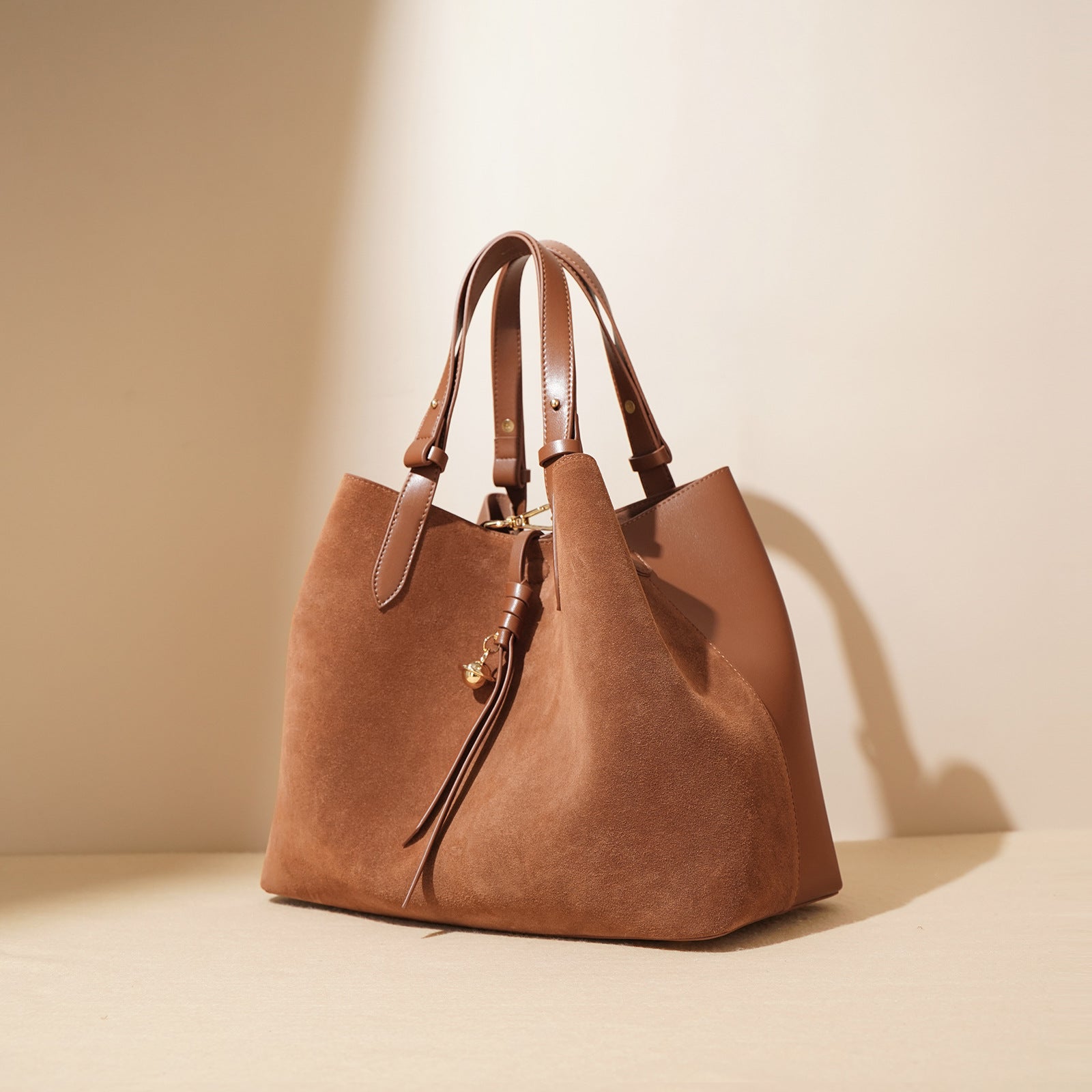 Ounamei Genuine Leather Suede Tote Bucket Bag for Women | Large Capacity Retro Shoulder & Handbag, Elegant Autumn Winter Design