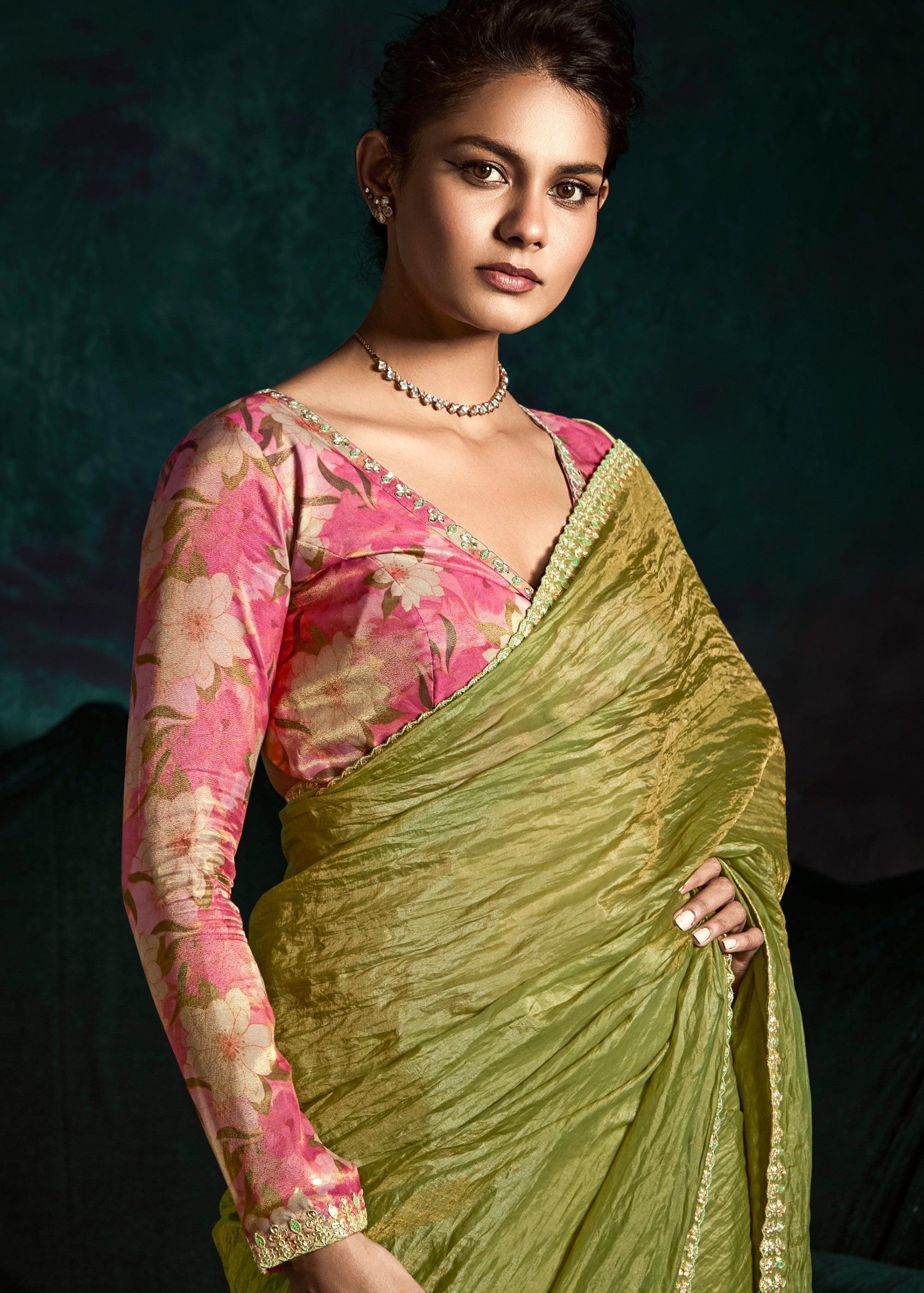 Kelly Green Fancy Fabric Silk Saree With Sequins And Thread Embroidered Butti Work - qivii