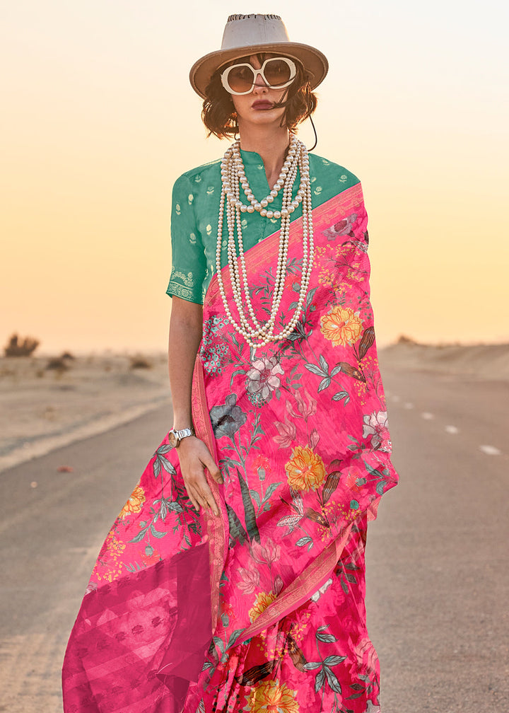 Hot Pink Woven Tussar Silk Saree