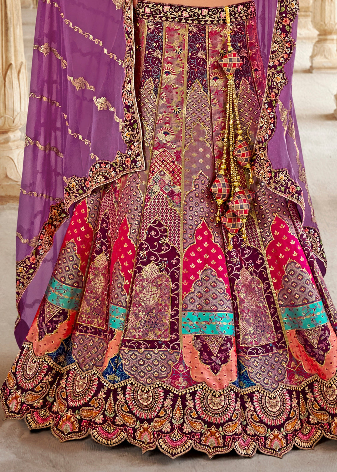 Violet Purple & Pink Banarasi Silk Lehenga Choli with Zarkan, Sequence and Thread Work