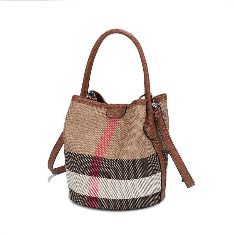 Women’s Regent Plaid Bucket Satchel — Heritage Check Full-Grain Leather Convertible with Detachable Pouch & Effortless Transition Carry