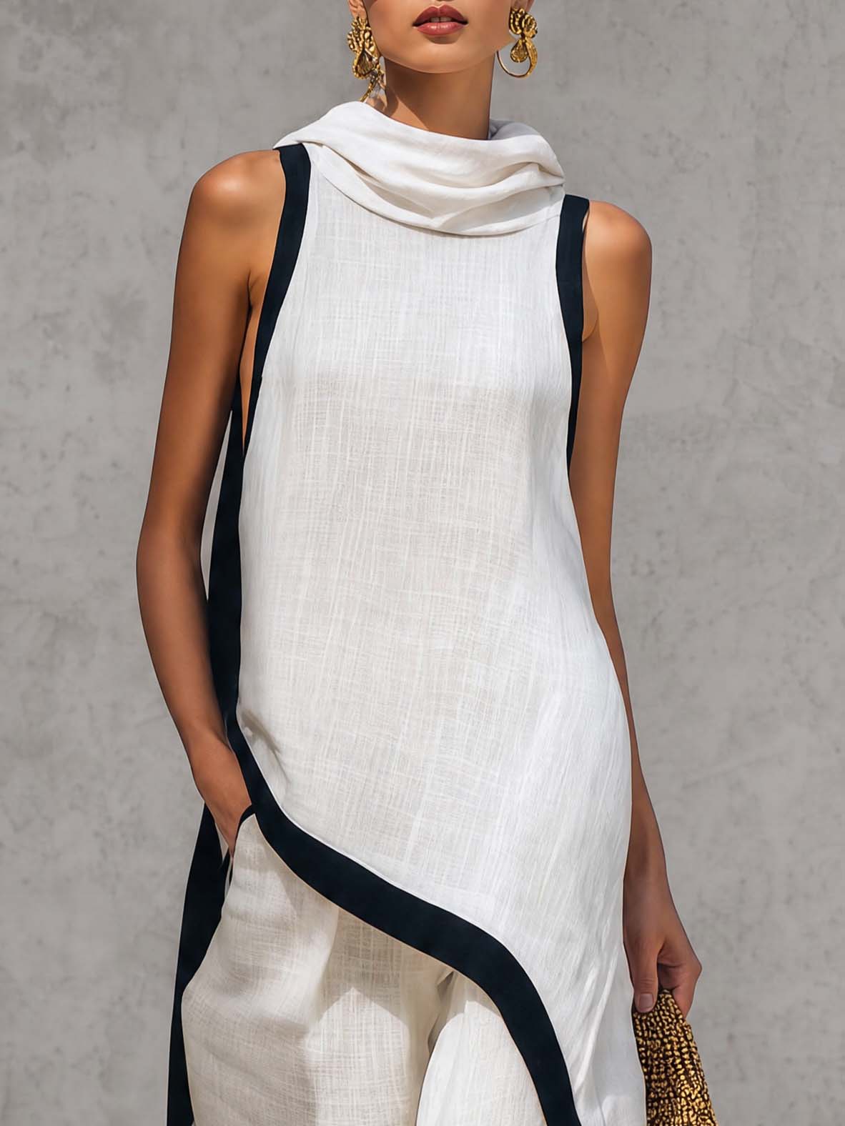 Temperament Casual Hooded White Black Trim White Cotton And Linen Asymmetrical Long Top And Pants Set  - By Qivii