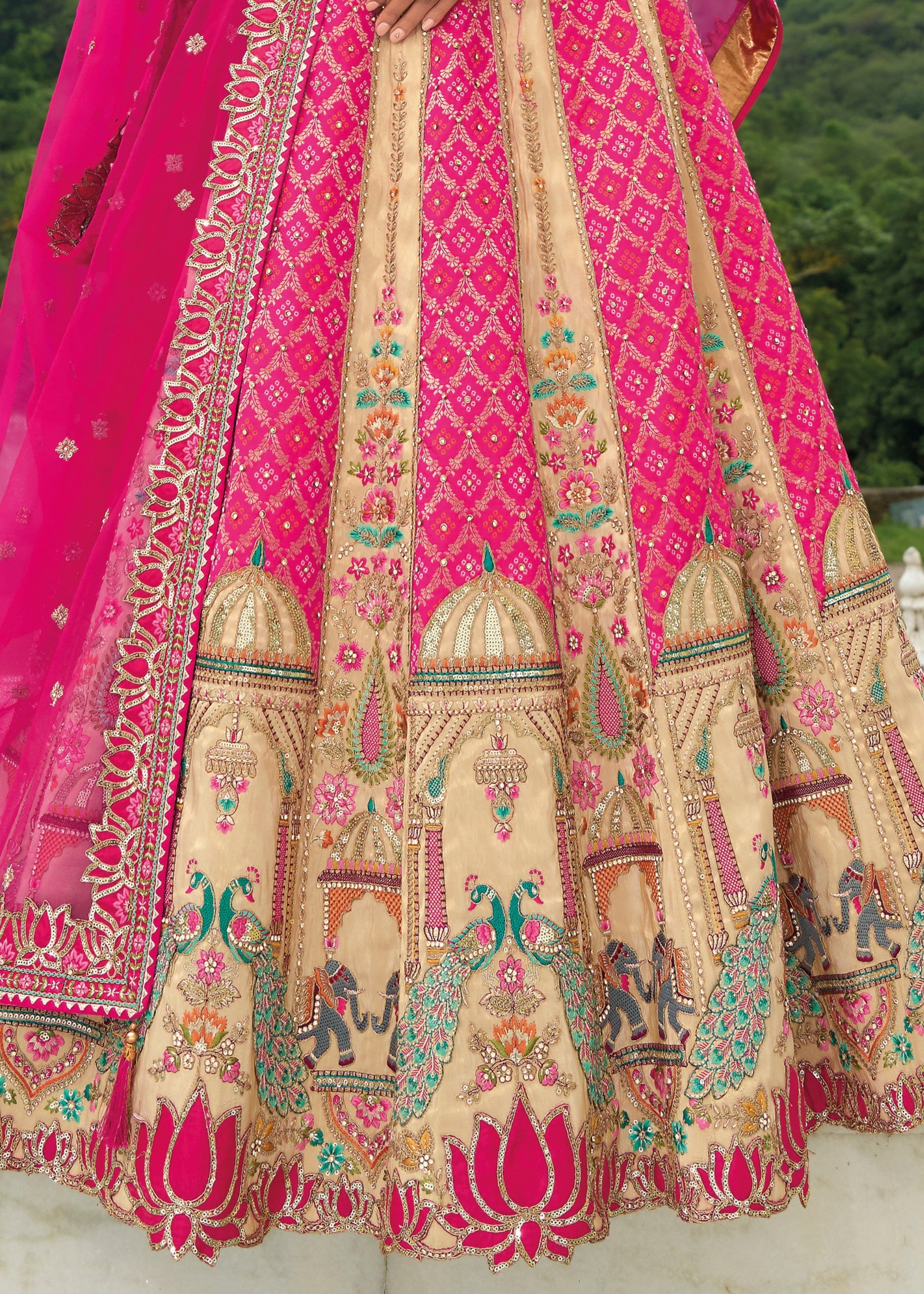 Off White And Pink Banarasi Silk Lehenga With Heavy Embroidery Work | Ready To Wear - qivii