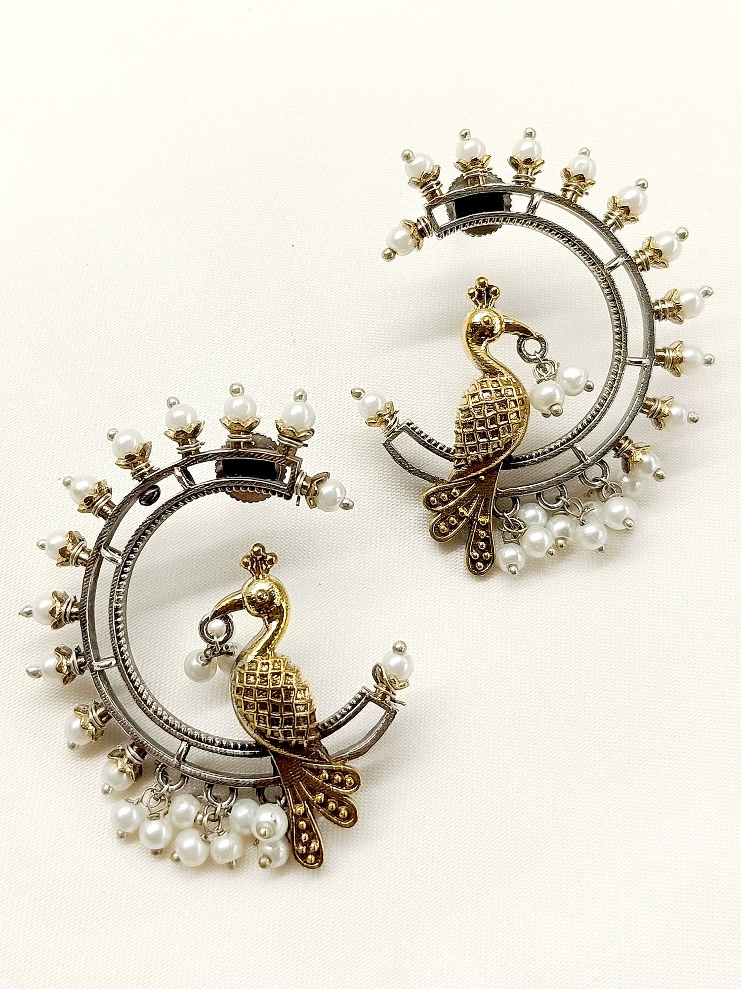 Rania White Pearl Peacock Oxidized Earring