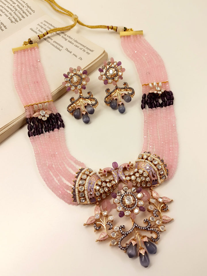 Madhurima Pink Peacock Kundan Necklace Set