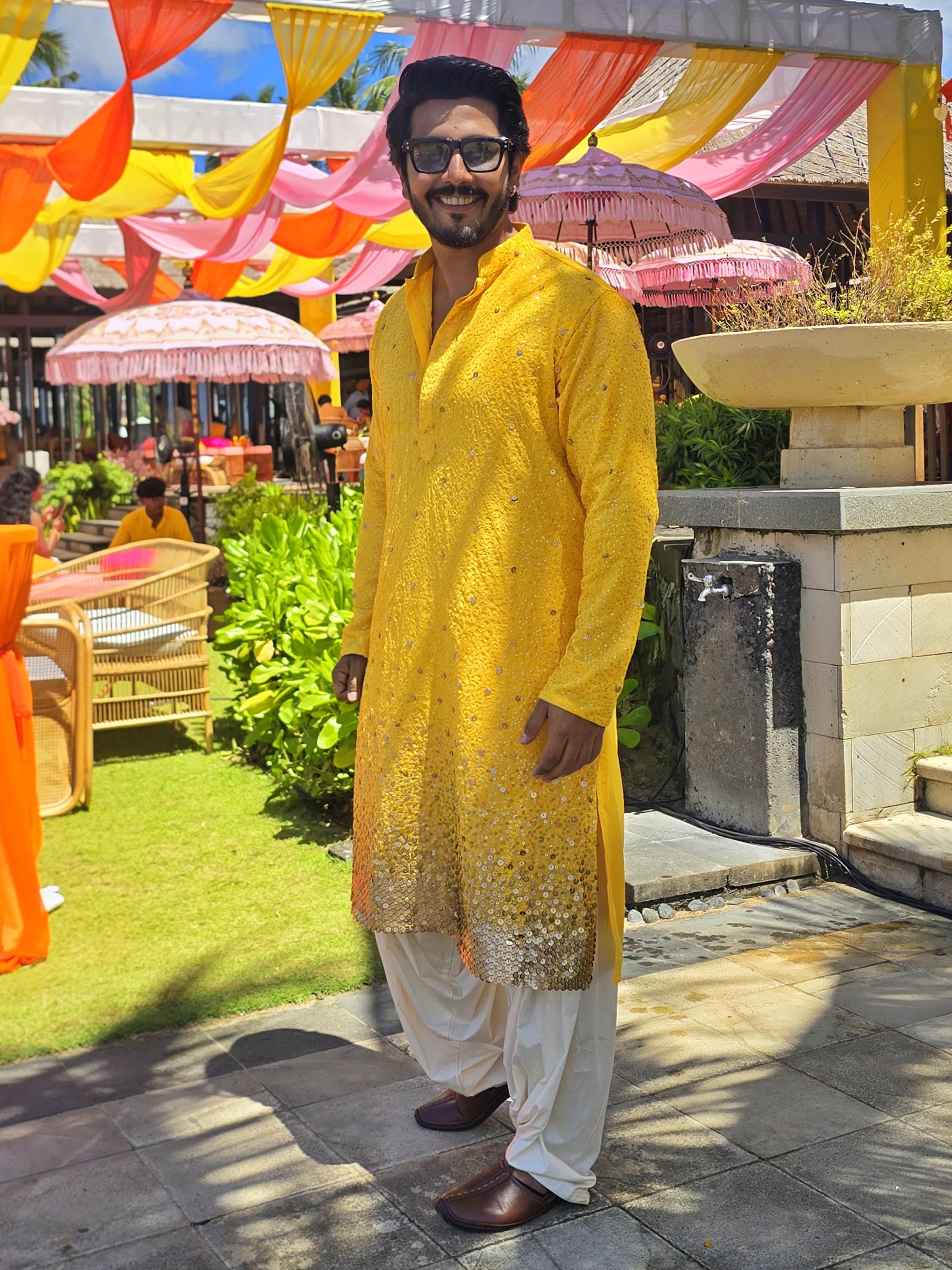 Men's Yellow Georgette Zari With Sequins Worked Kurta Patiala Set