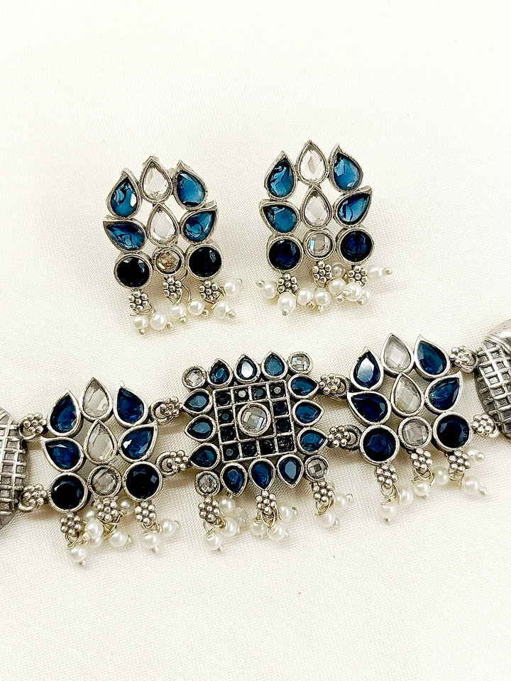 Graciya Navy Blue Peacock Oxidized Choker Set