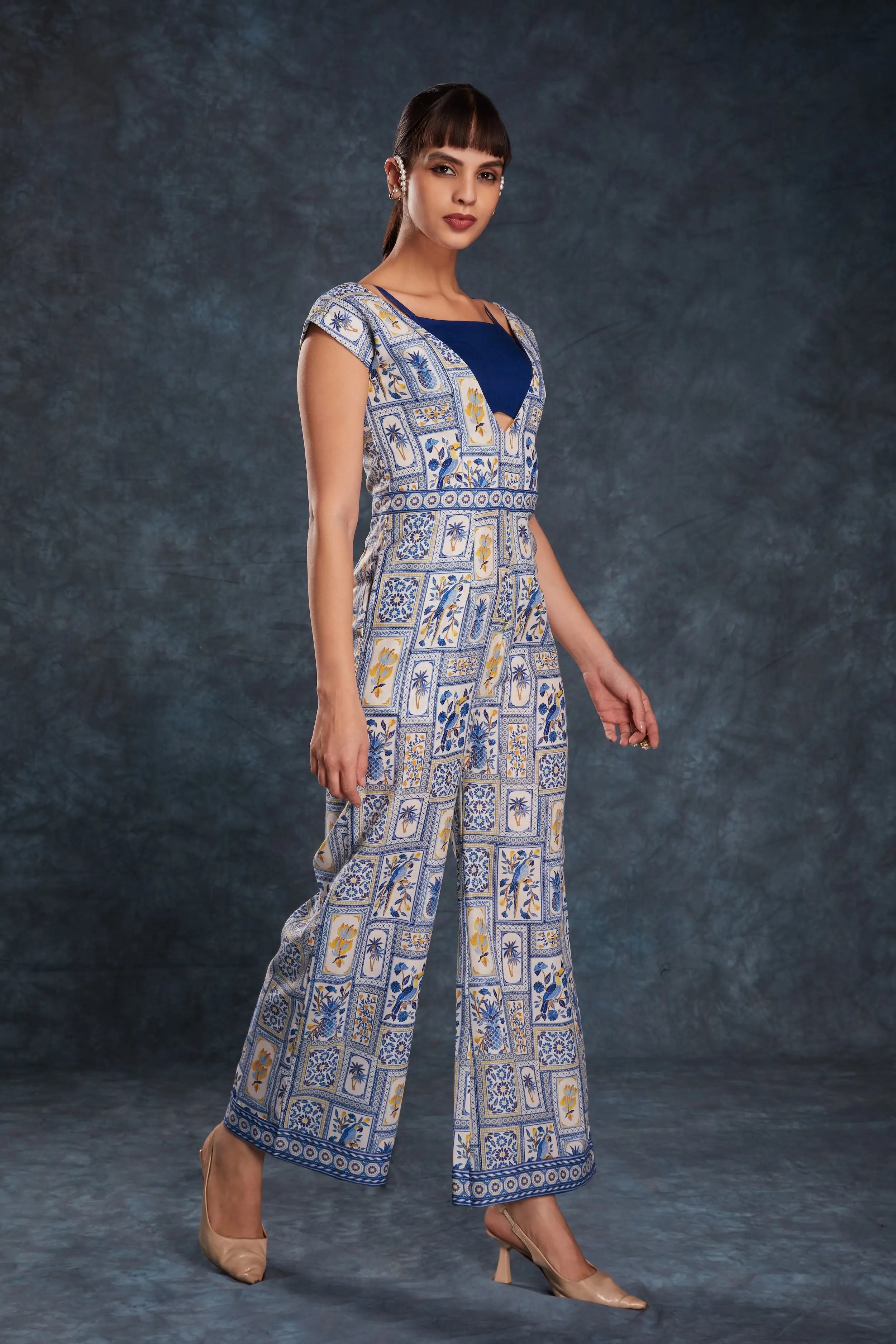 Navy Blue Printed Linen Co-ord Set - qivii