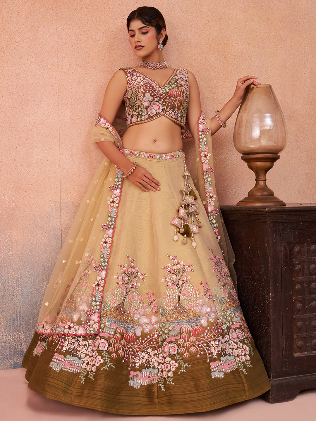 Olive Sequins Embroidered Ombre Olive Lehenga Set