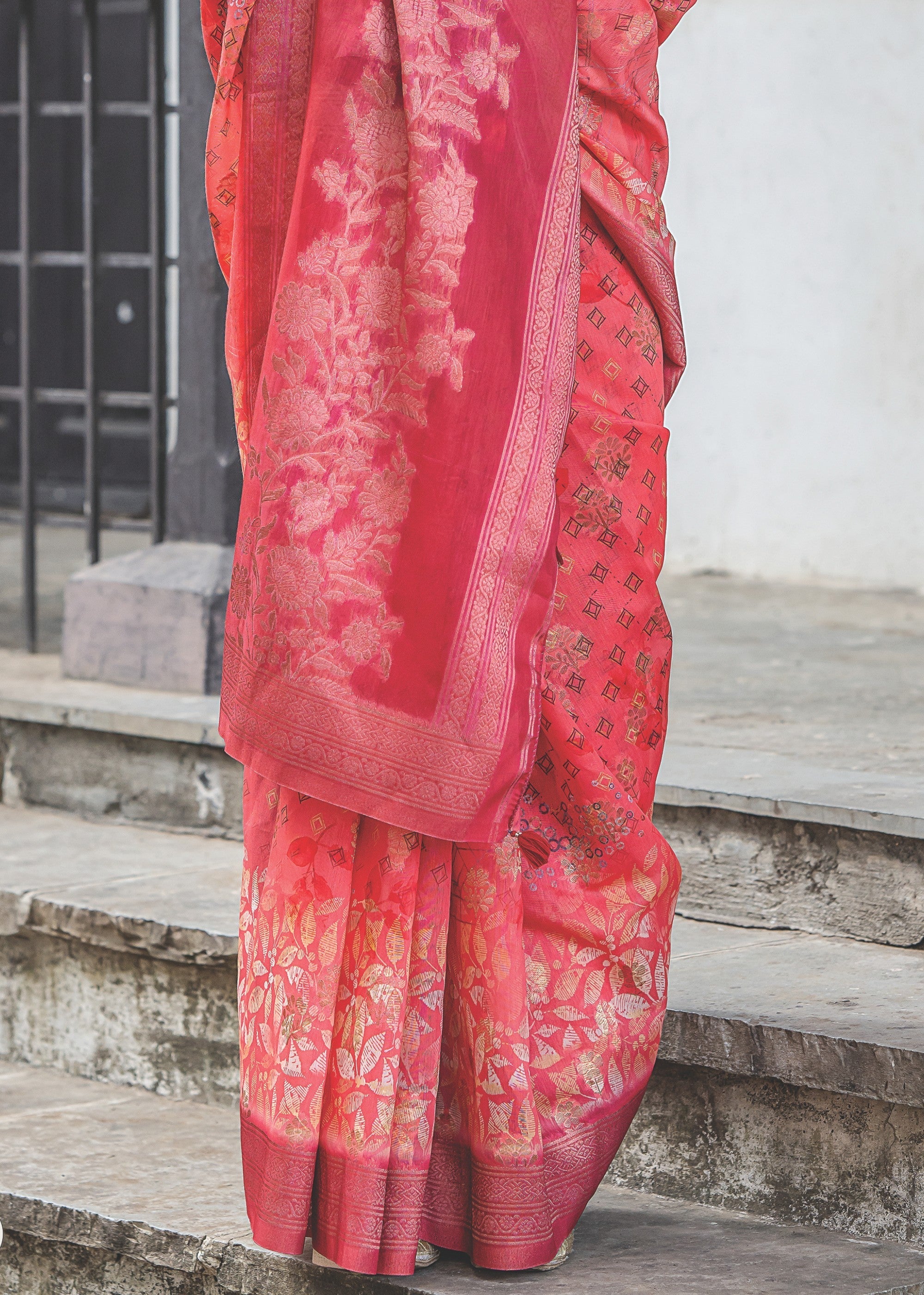 Candy Red Woven Silk Saree - qivii