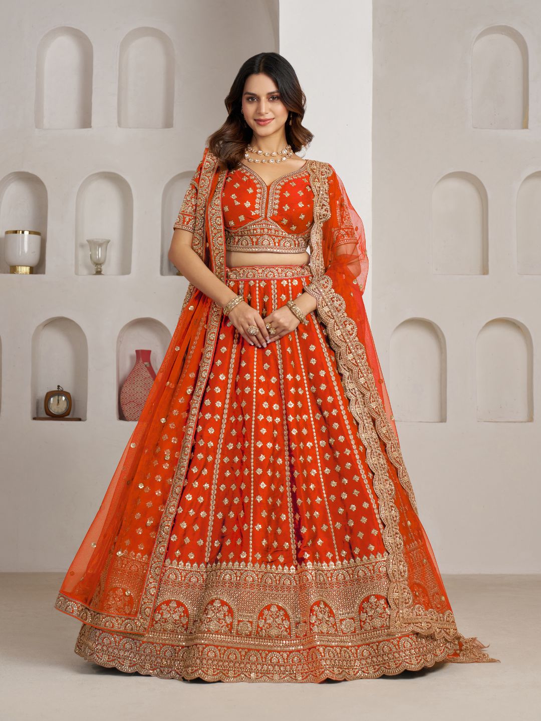 Trendy Rust Double Dupatta Bridal Lehenga Collection