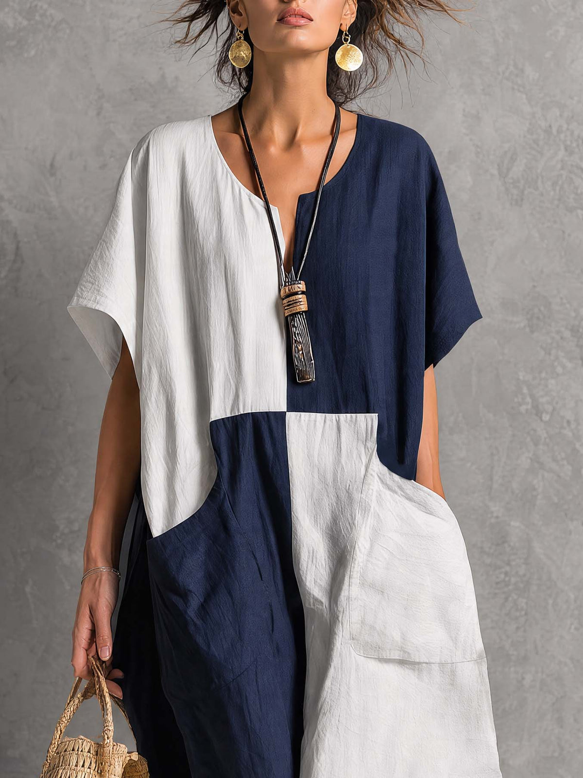 Retro White And Blue Color Blocked Cotton And Linen Short Sleeved Midi Dress  - By Qivii