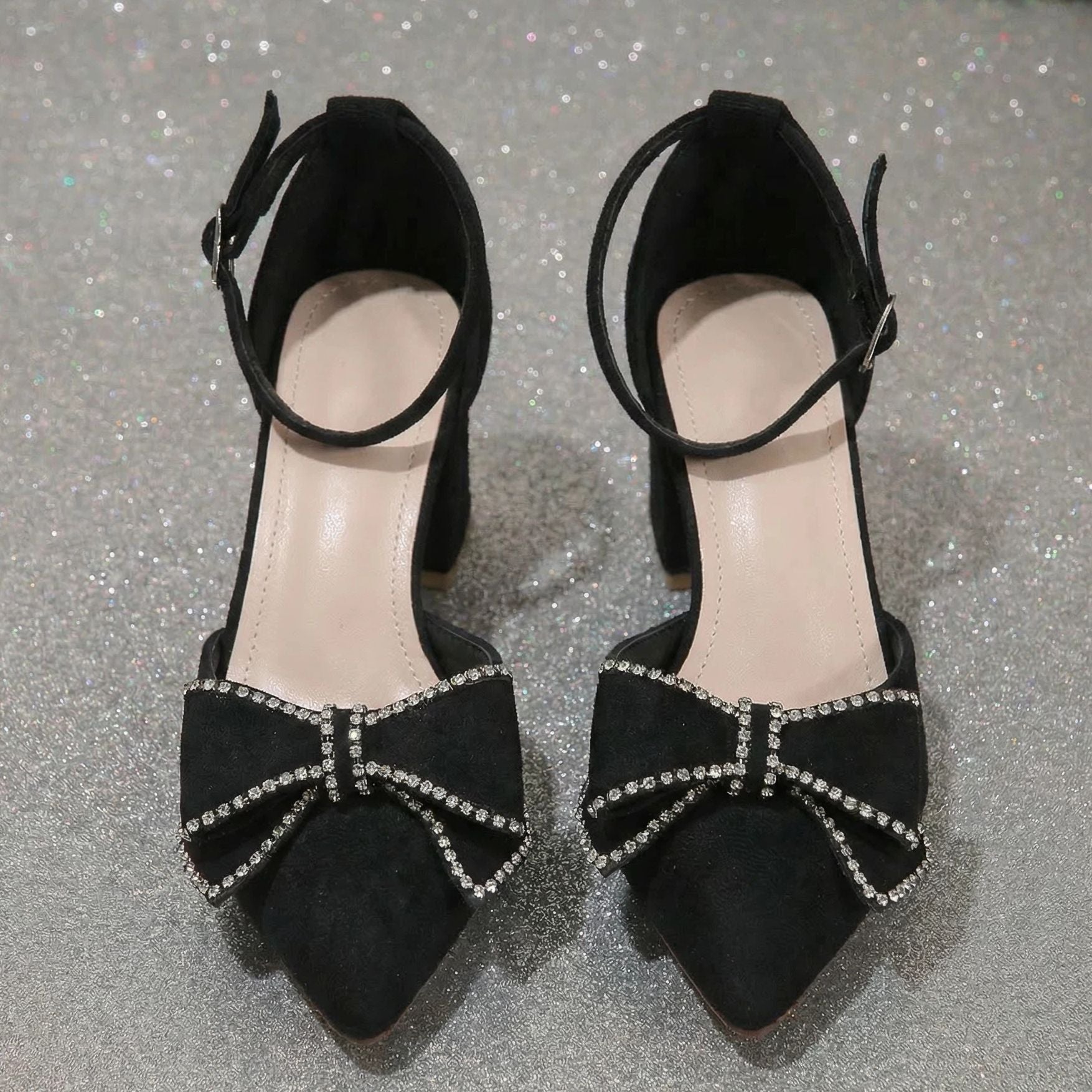 Women’s Bowelle Crystal Pointed Toe Buckle Heels – Hollow Closed Toe Bow High Heels (US 5–10.5)