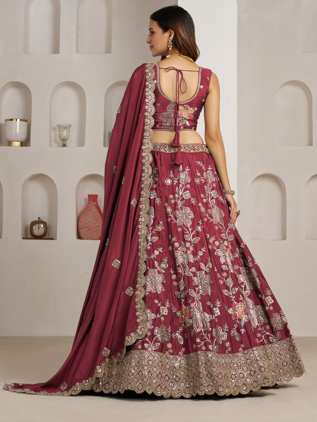 Stylish Maroon Lehenga Choli with Rich Golden Floral Craftsmanship