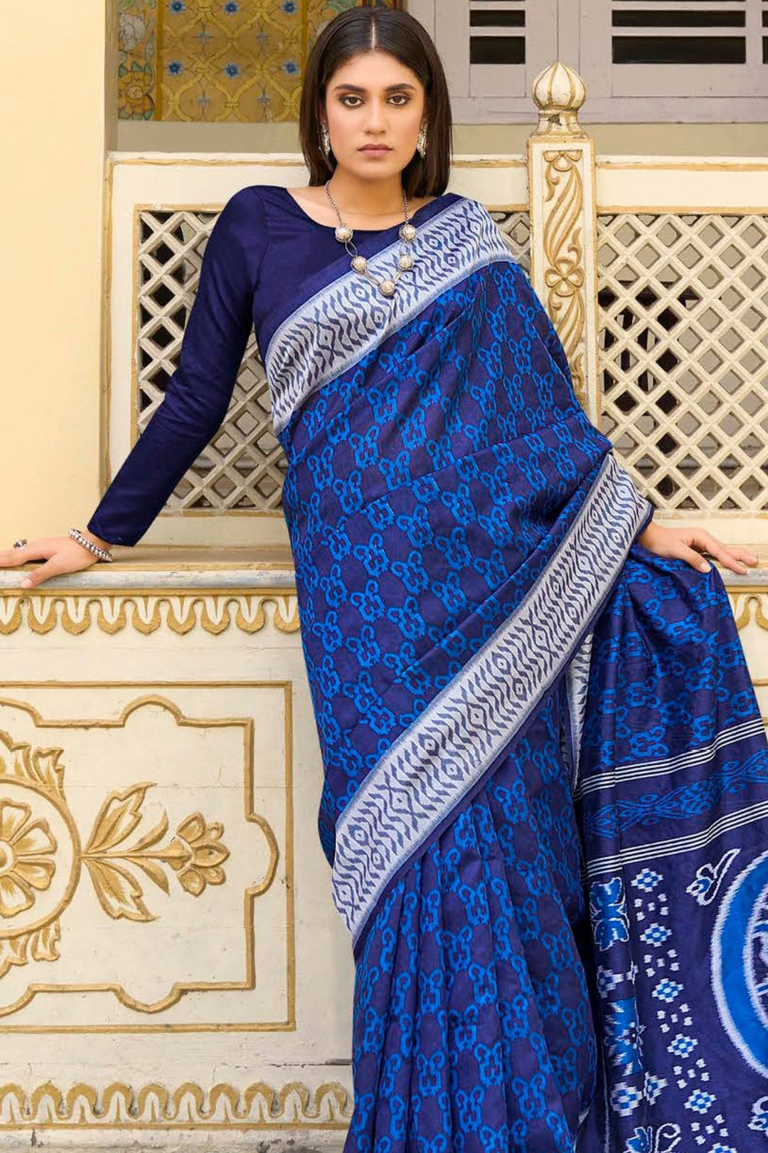 Biscay Blue Handblock Printed Saree