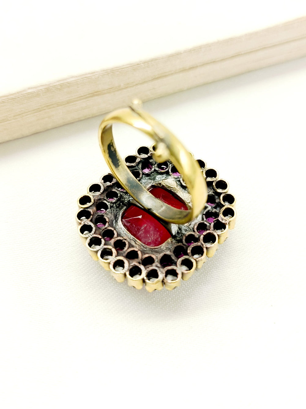 Alt text: Ezara Ruby Victorian Finger Ring, a stunning vintage-inspired piece with intricate filigree details and a bright red gemstone centerpiece