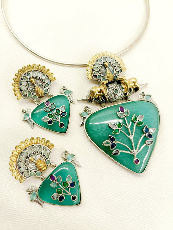 Emelia Mint Green German Silver Oxidized Hasli Style Necklace Set