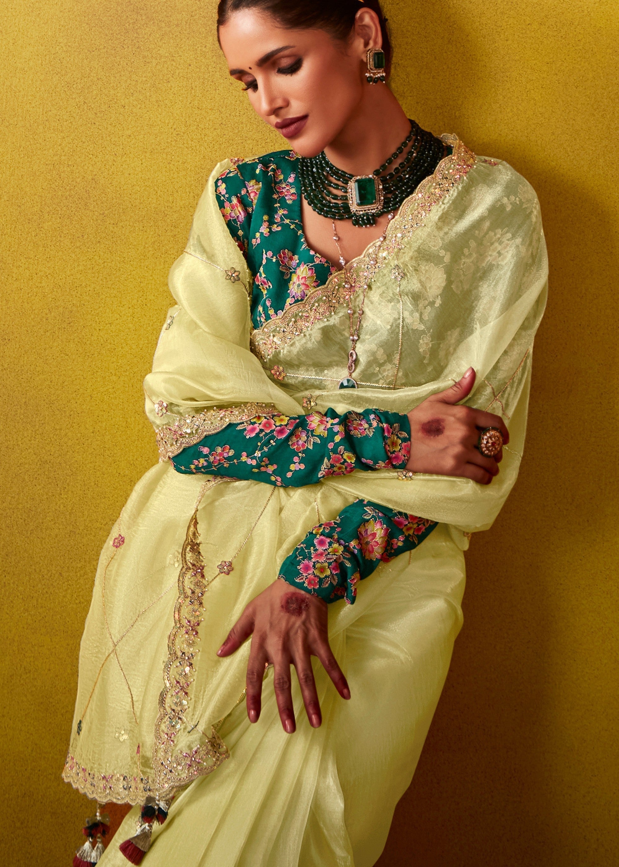 Lemon Yellow Glass Tissue Silk Saree With Sequins And Thread Embroidered Work - qivii