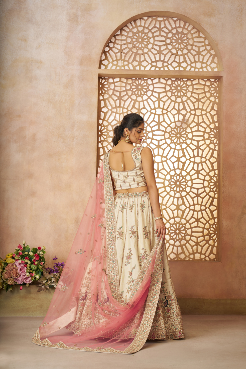 White Zari Silk Semi-Stitched Lehenga Choli with Sequin & Thread Embroidery - qivii
