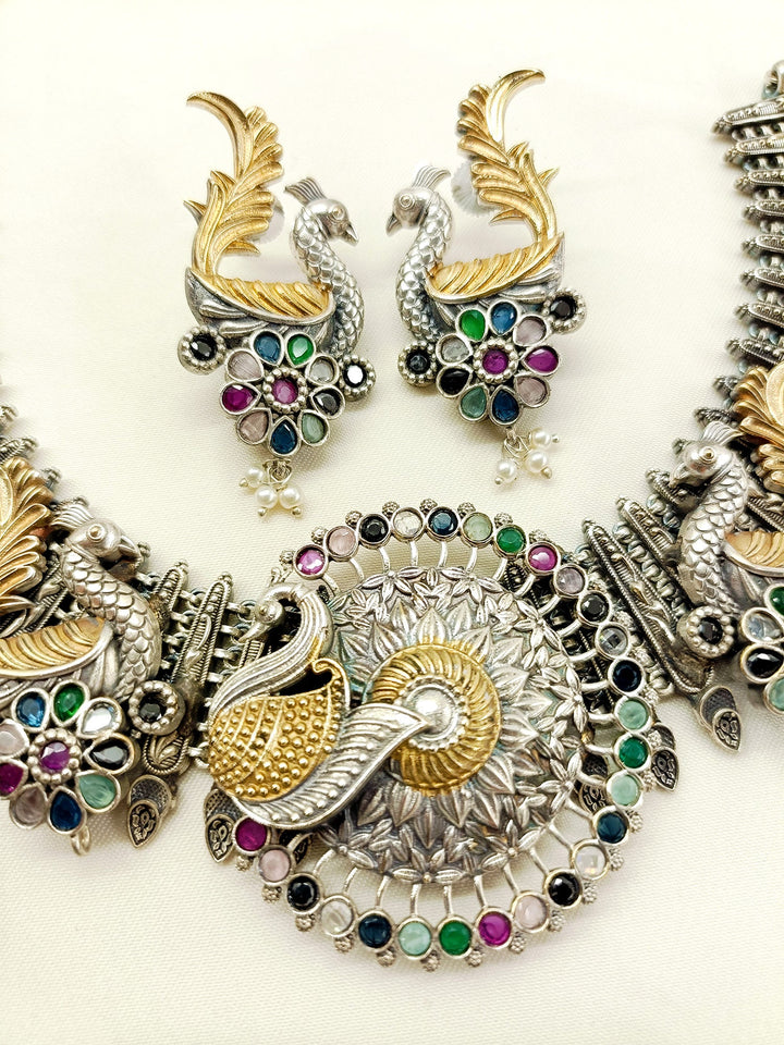 Disuza Multi Colour Peacock Oxidized Necklace Set