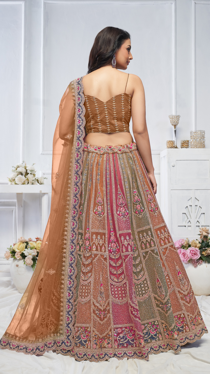 Multi-Brown Majestic Musatrd Zari Weaving Net Lehenga Choli With Dupatta