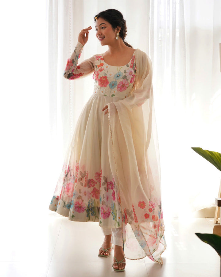 Off White Floral Print Organza Three Piece Anarkali Suit  - By Qivii