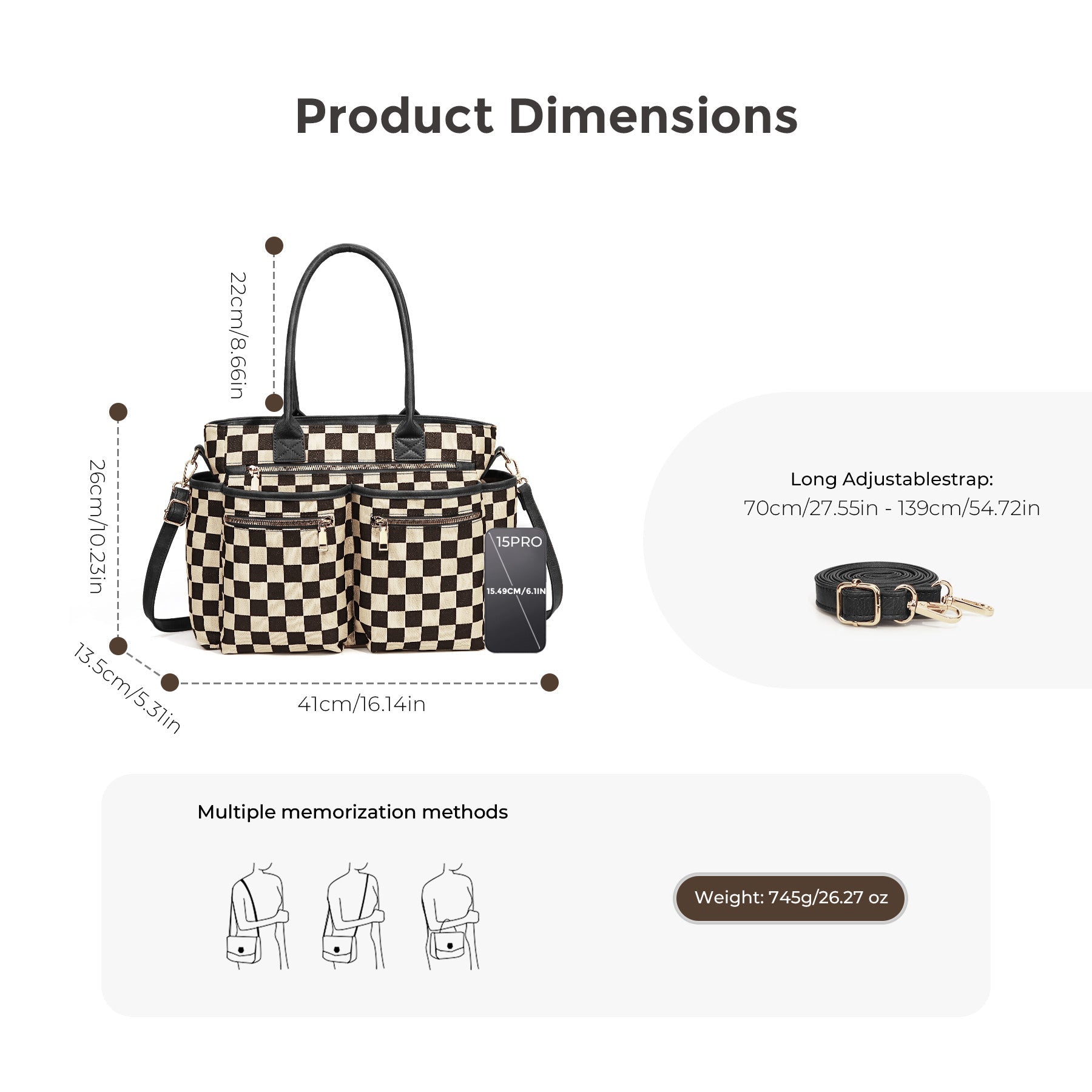 Ounamei Large Checkered Tote Bag for Women | Multi-Pocket Crossbody Shoulder Handbag for Work & Daily Use