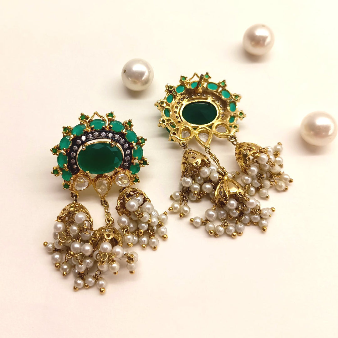 Poonam Green Emerald Stoned American Diamond Jhumki