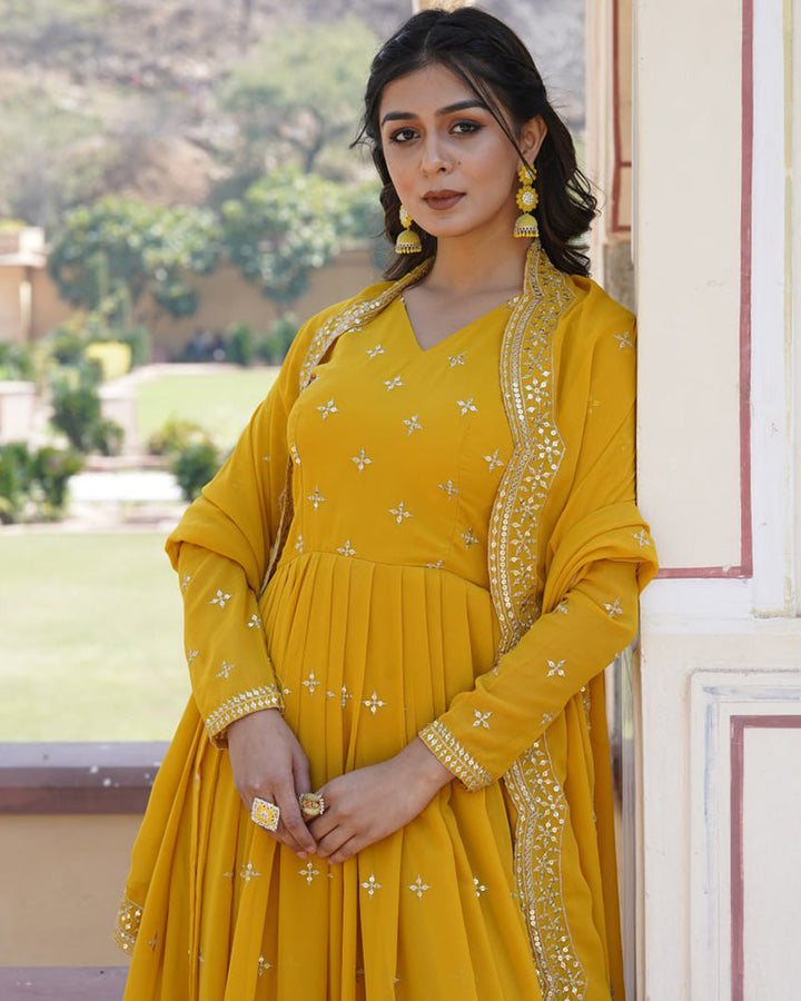 Yellow Color Full Flair Anarkali Gown With Embroidered Dupatta  - By Qivii