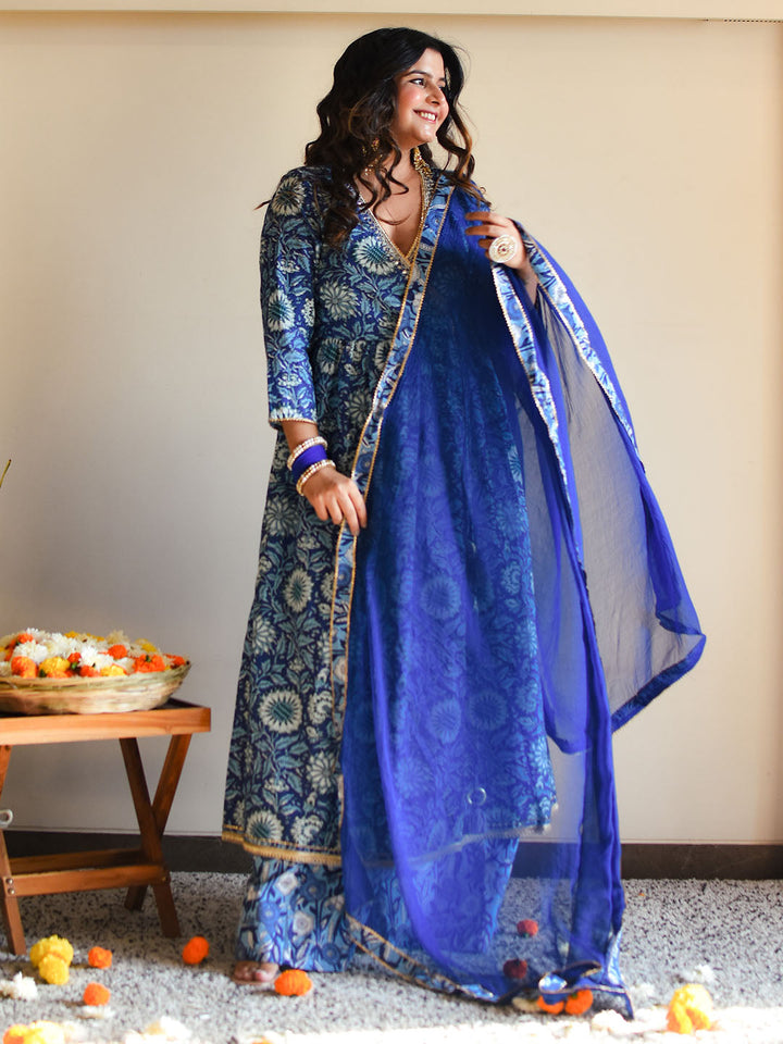 Blue Cotton Floral Block Print Kurta Palazzo Set  - By Janasya