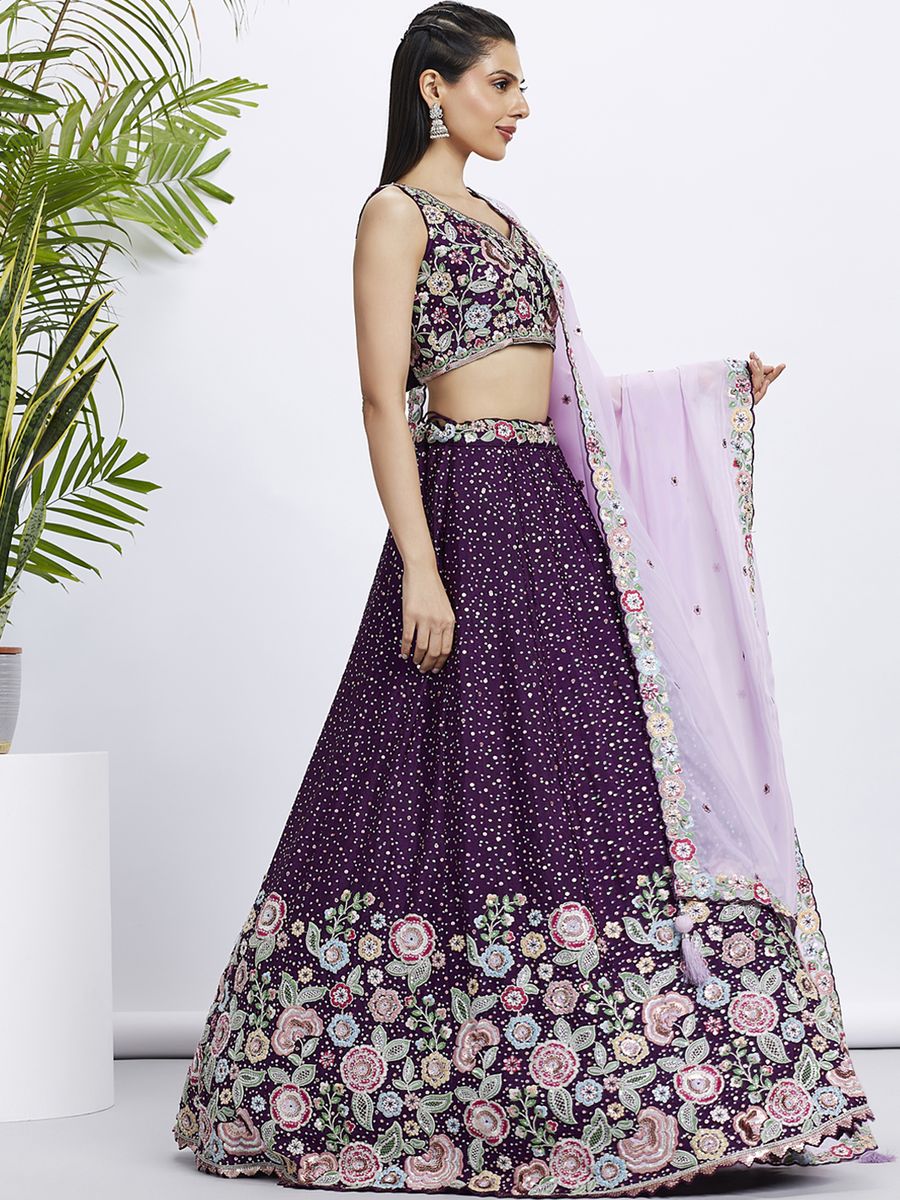 Gorgeous semi-stitched lehenga in purple with multi-color thread and sequin embellishments