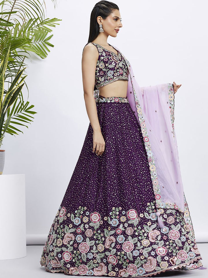 Purple - Chiffon Multi-Color Thread,Sequin Heavy Embroidered Semi-Stitched Lehenga