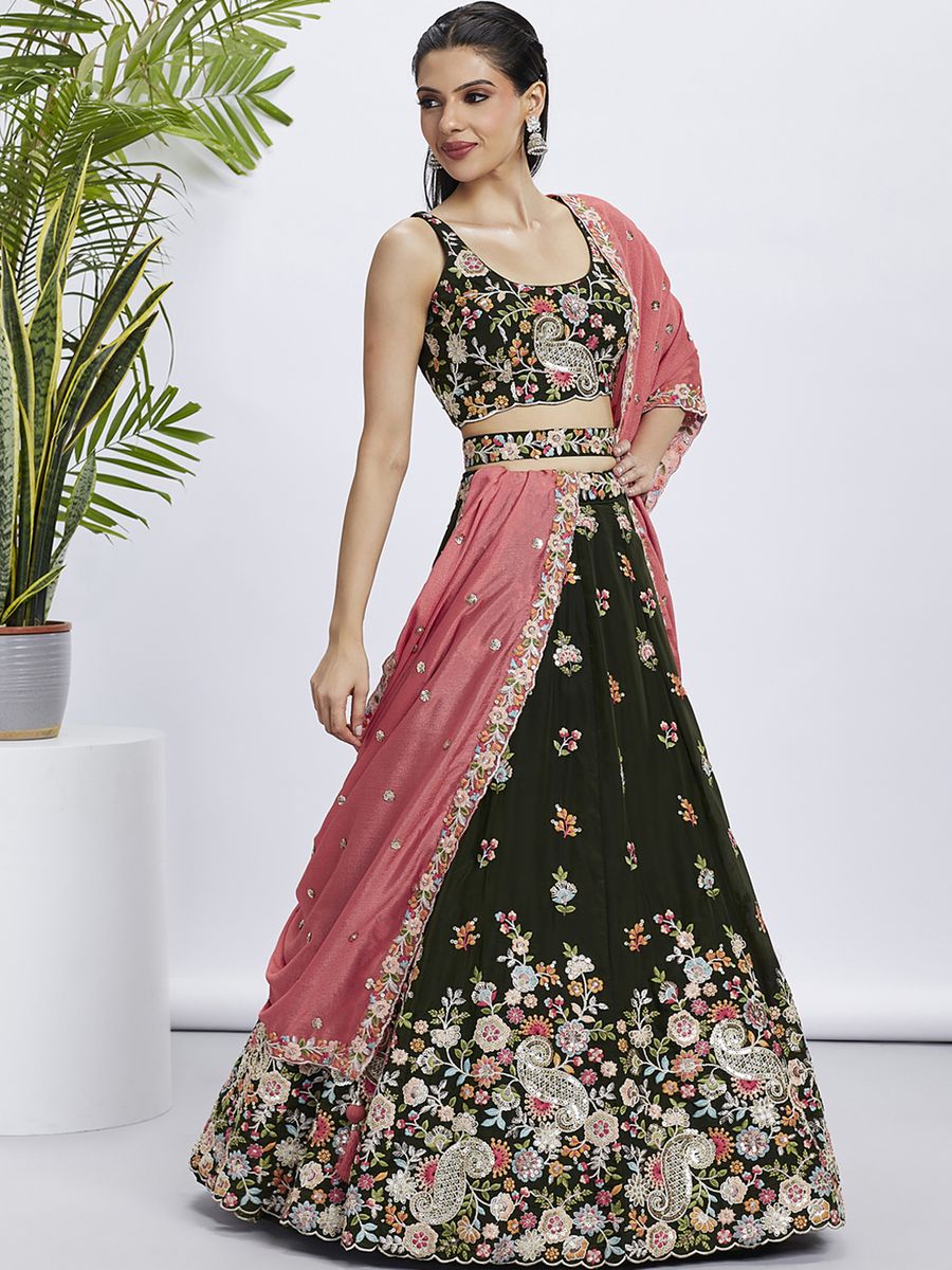 Olive - Golden Sequined & Multi-Color Thread Embroidered Organza Lehenga choli