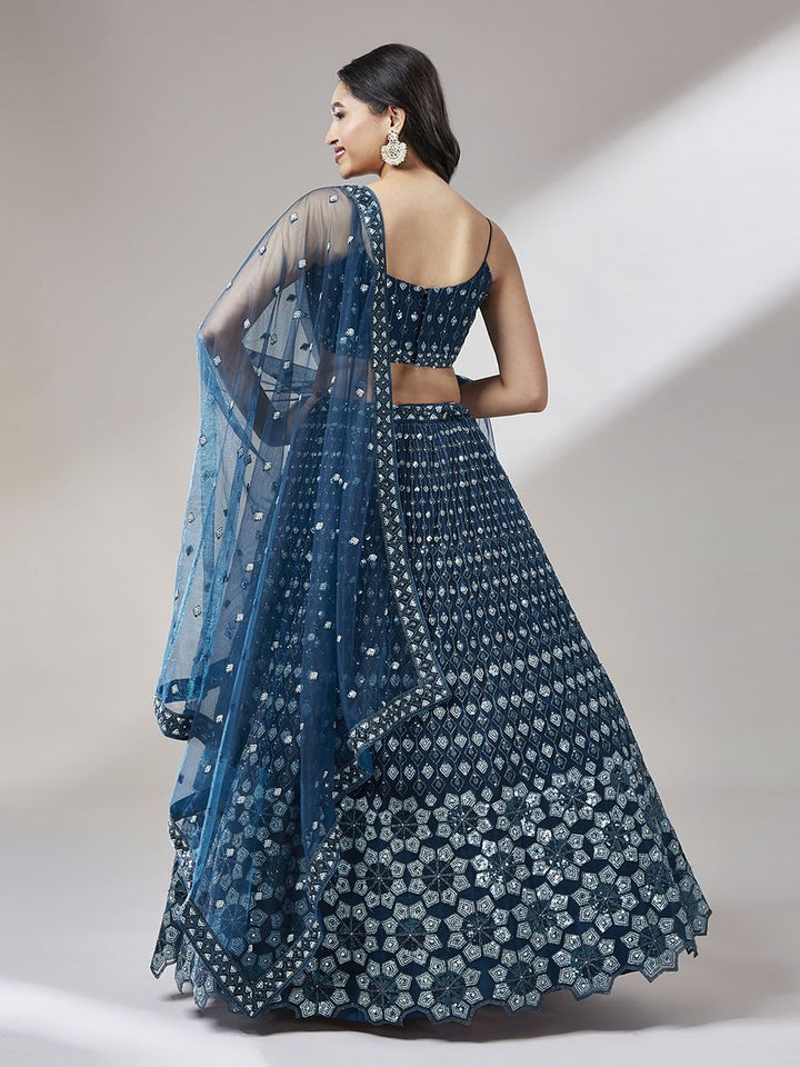 Navy Blue - Heavy Sequins Embroidered Net Semi-Stitched Lehenga choli