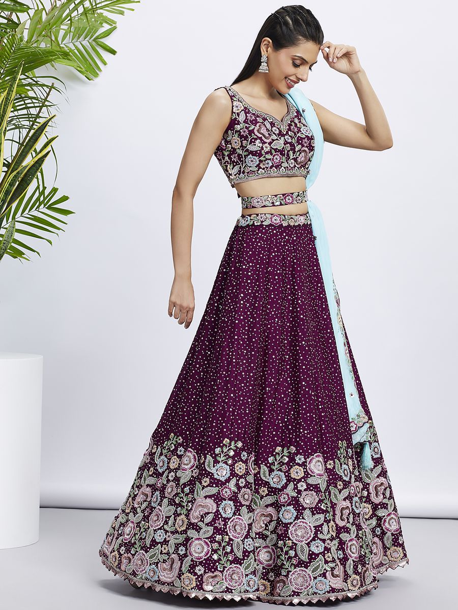 Burgundy - Chiffon Multi-Color Thread,Sequin Heavy Embroidered Semi-Stitched Lehenga