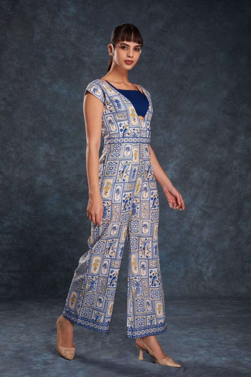 NAVY BLUE LINEN PRINTED CO-ORD SET - qivii