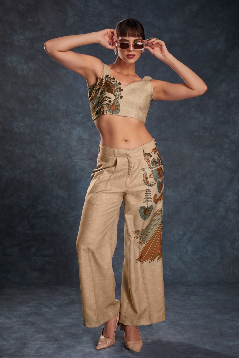 BROWN LINEN PRINTED TOP,PANT CO-ORD SET - qivii
