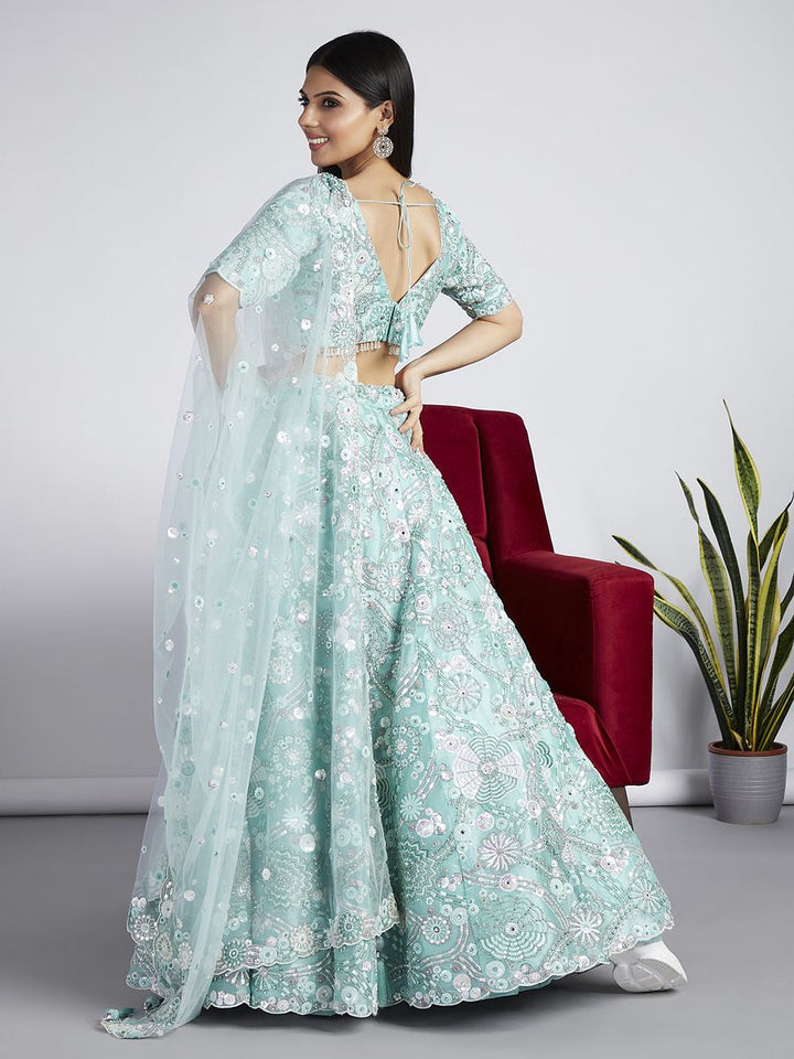 Turquoise blue Organza Sequins, Zarkan and thread embroidery Semi-Stitched Lehenga choli & Dupatta